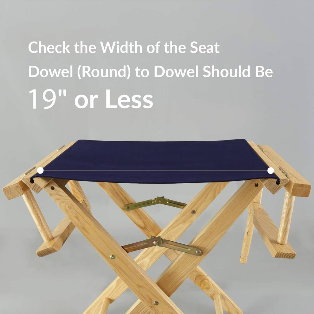 Purple canvas seat on folding wooden director chair frame