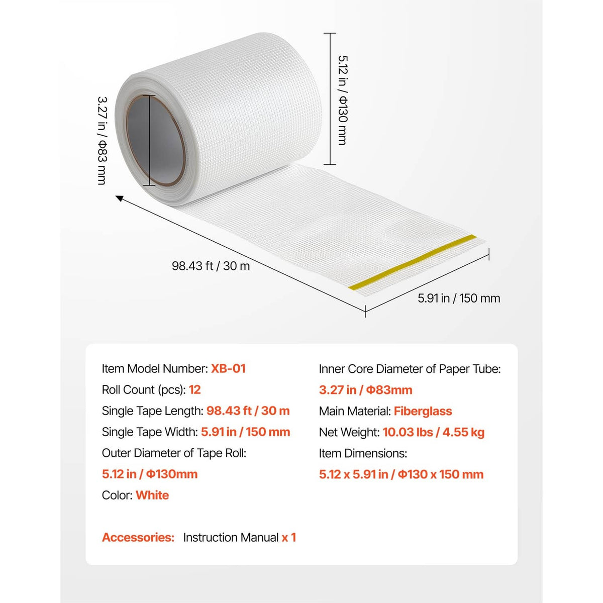 White self-stick fiberglass wall repair tape roll, 98.43 ft x 5.91 in shown
