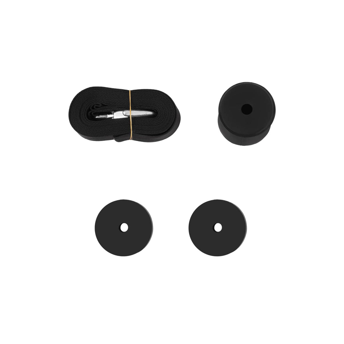 Black strap and roller wheel components for boat trailer winch stand bracket