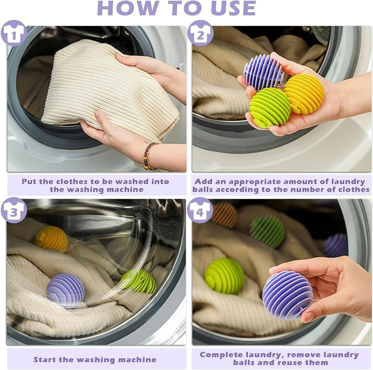 Ribbed dryer balls shown in a washing drum: green, purple, and orange