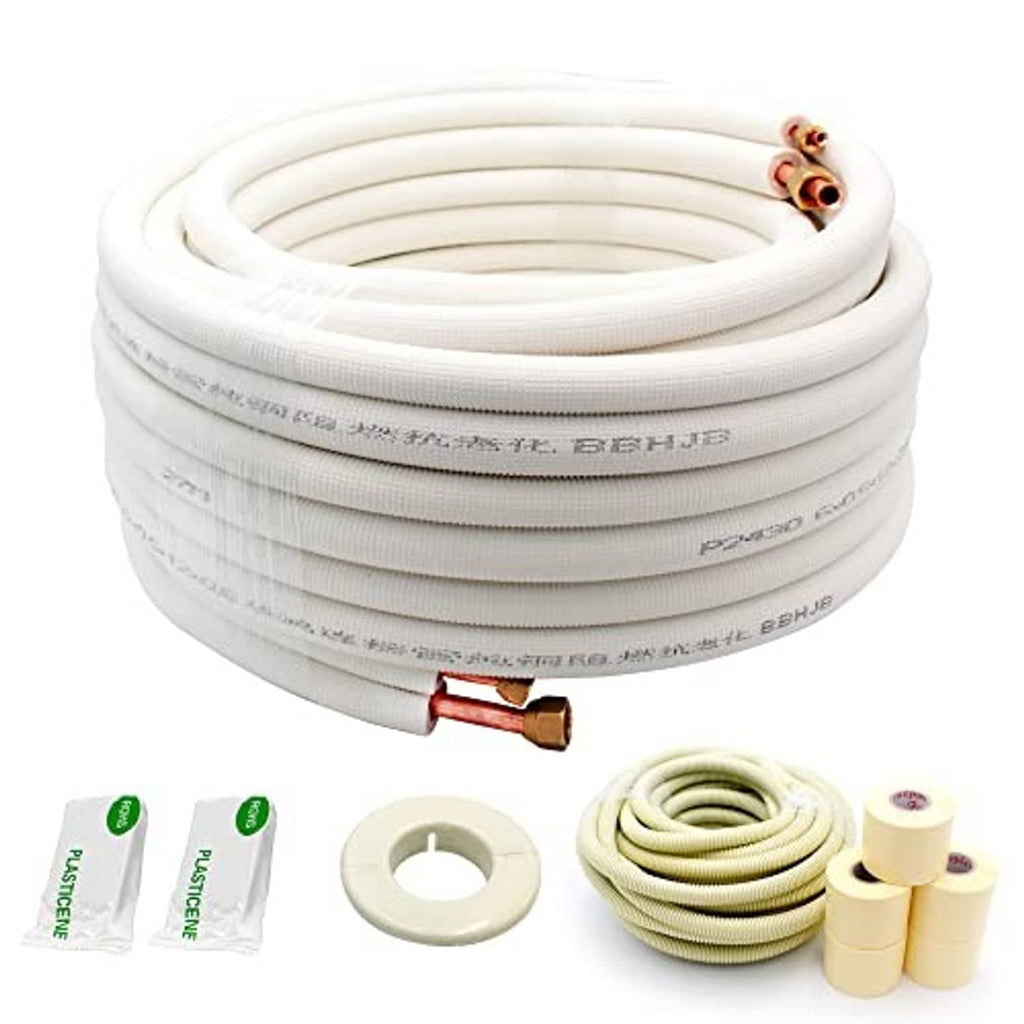 Mini split line set with coiled white tubing, copper flare ends, and included accessories