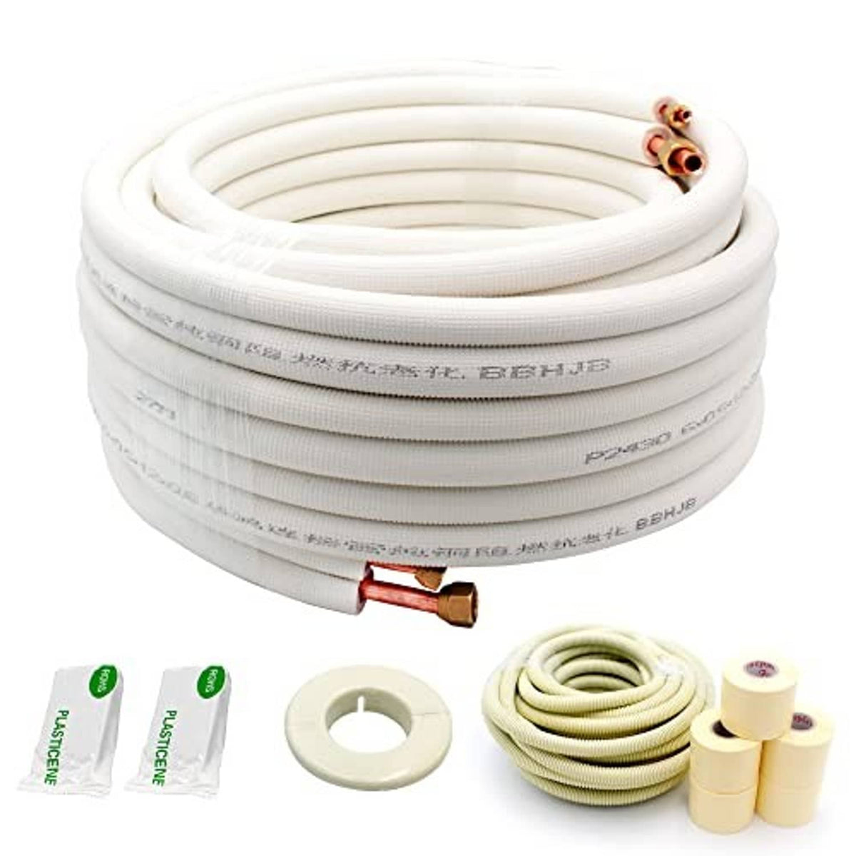 Mini split line set with coiled white tubing, copper flare ends, and included accessories