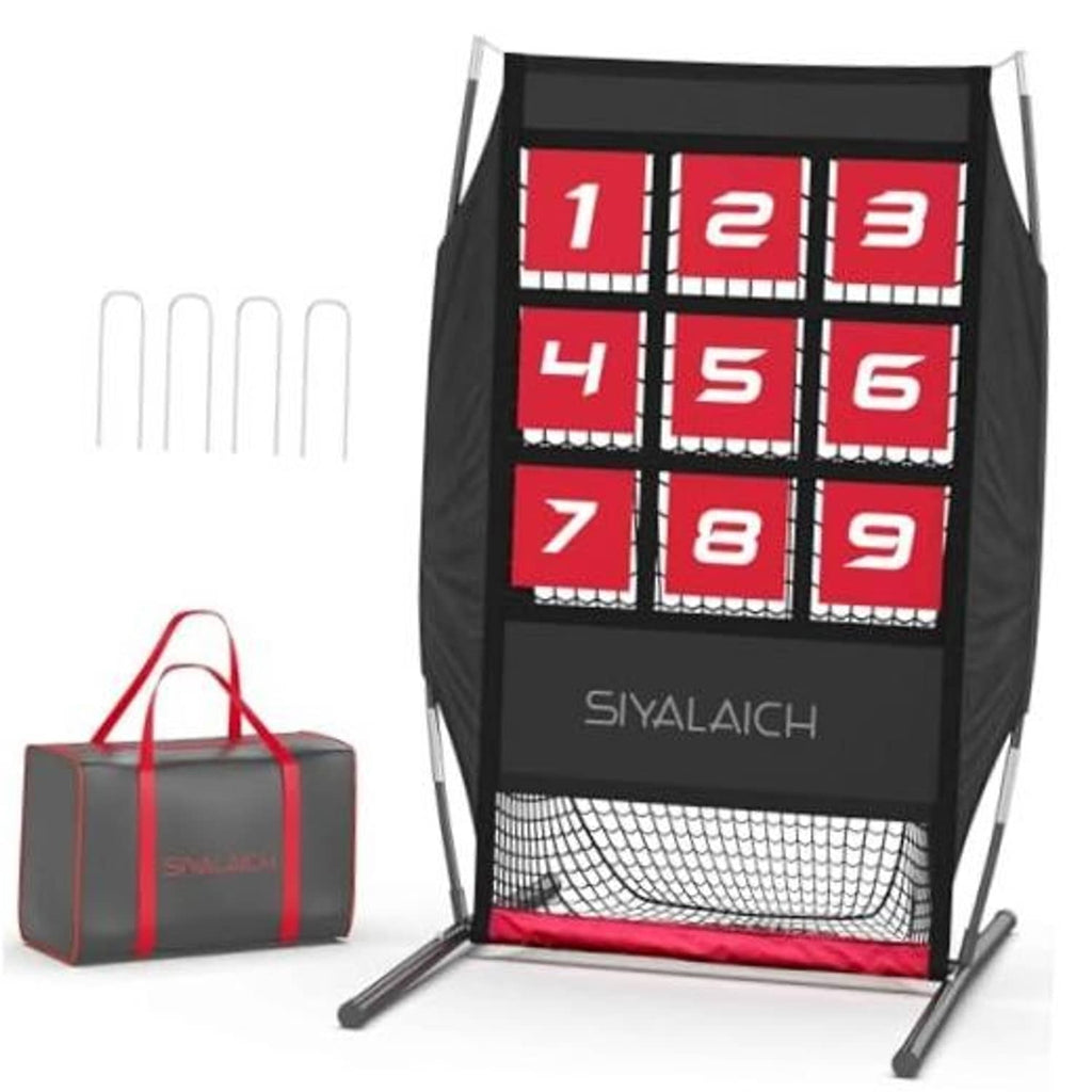 Portable pitching target net with black frame, red numbered grid, and front throwing net
