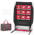 Portable pitching target net with black frame, red numbered grid, and front throwing net