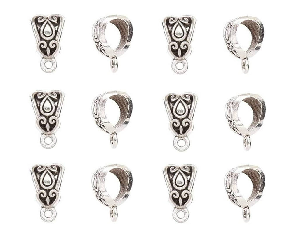 Set of silver heart bail connector charms with top loop and swirled details