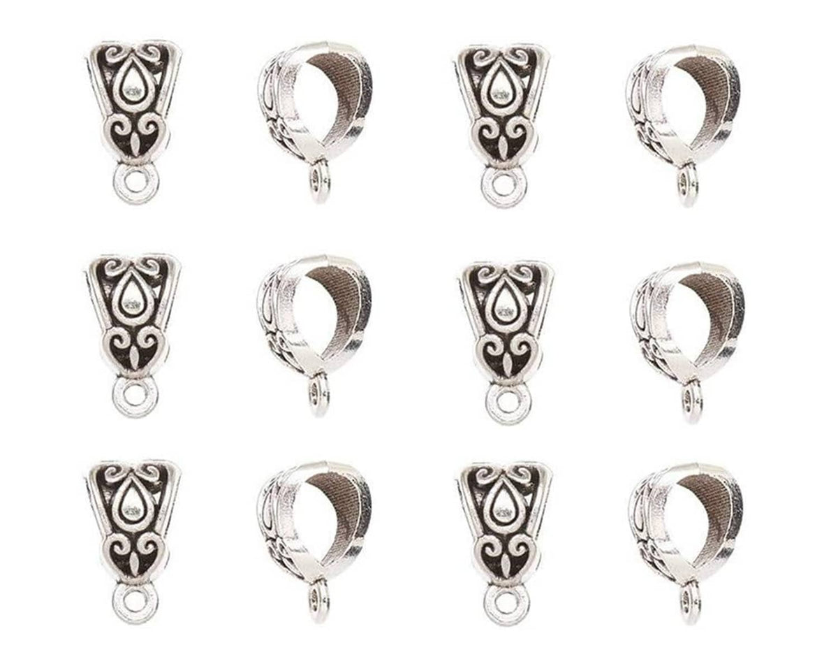 Set of silver heart bail connector charms with top loop and swirled details