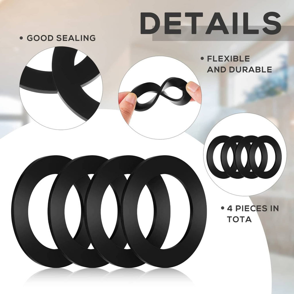 Four black rubber gasket washers with flexible seal and inner holes