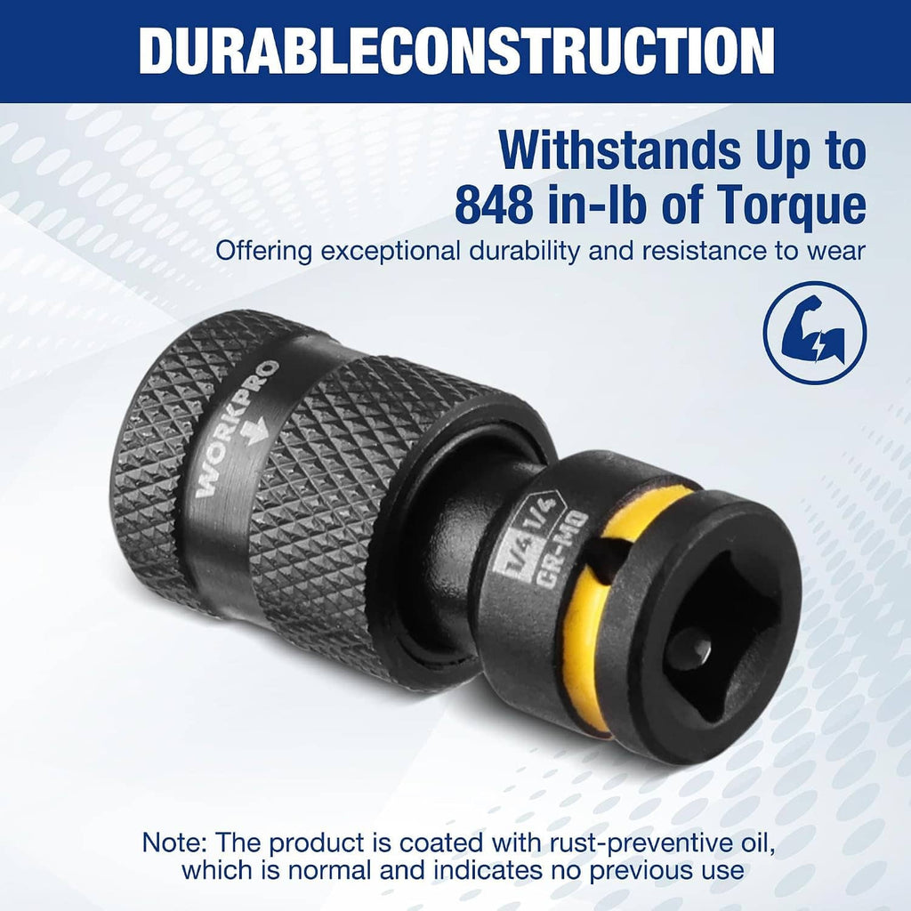 Black impact socket adapter with yellow ring and square-drive end, angled close-up.