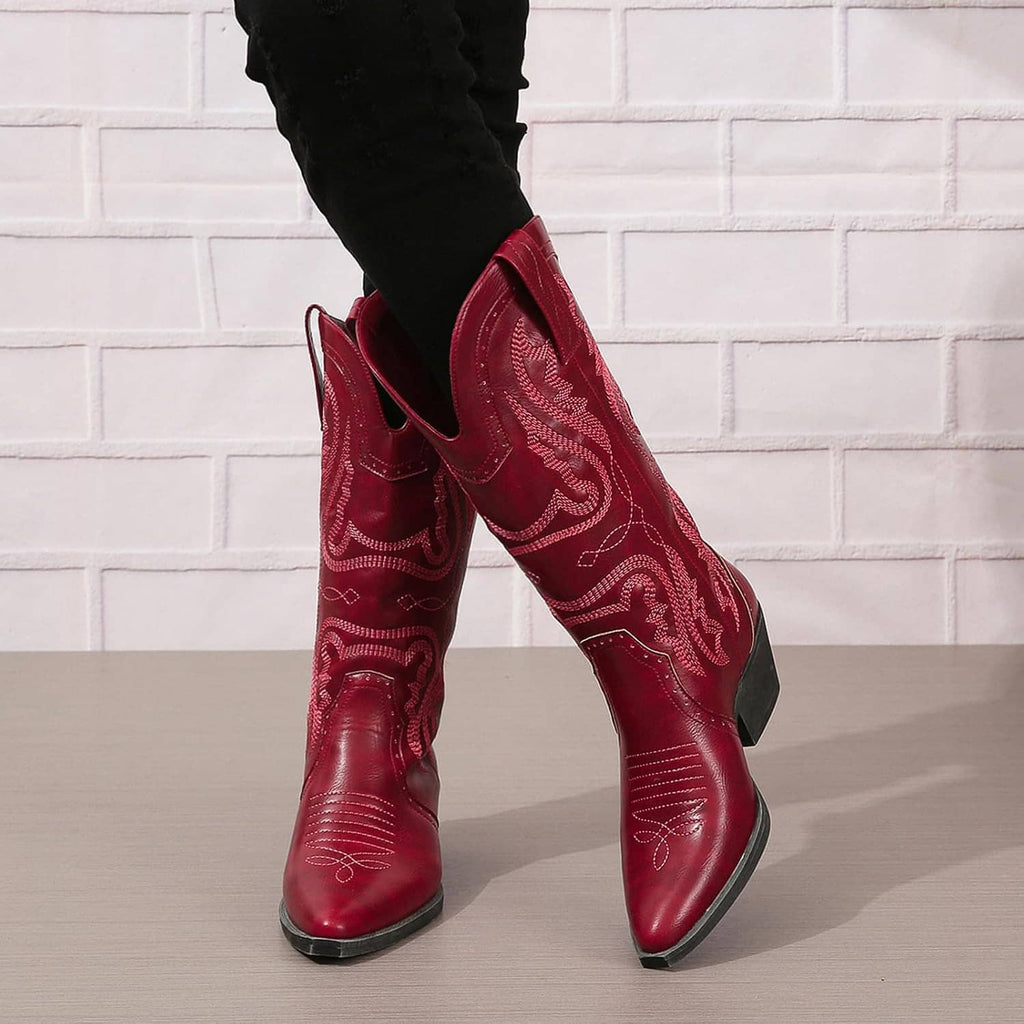 Women’s mid-calf cowboy boots in dark red with embroidered shaft and stacked block heel