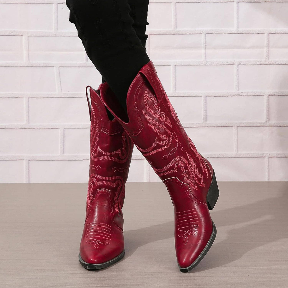 Women’s mid-calf cowboy boots in dark red with embroidered shaft and stacked block heel