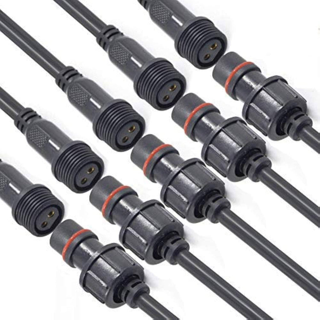 Pair of waterproof 2-pin male-female LED wire connectors with ribbed black housings