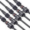 Pair of waterproof 2-pin male-female LED wire connectors with ribbed black housings