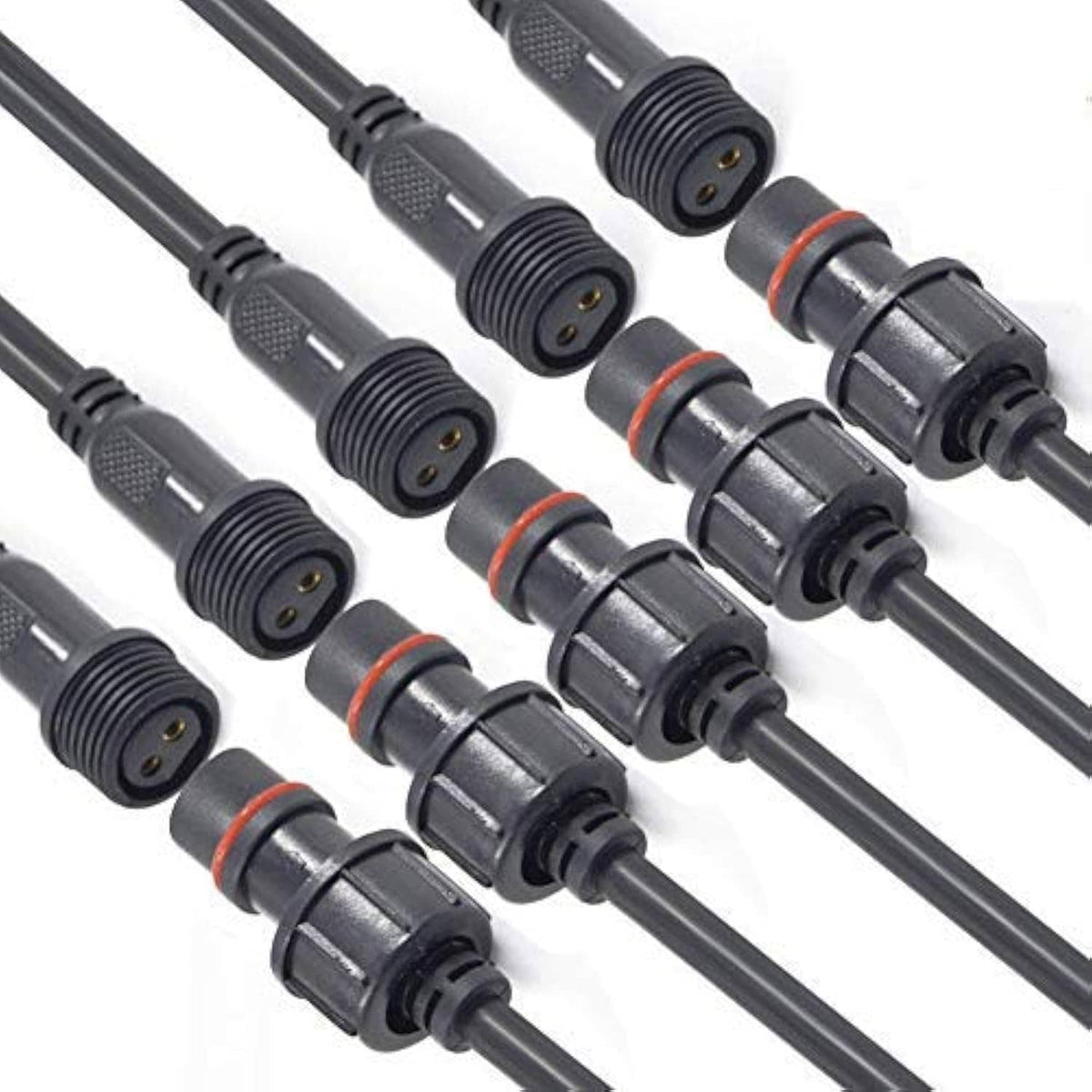 Pair of waterproof 2-pin male-female LED wire connectors with ribbed black housings