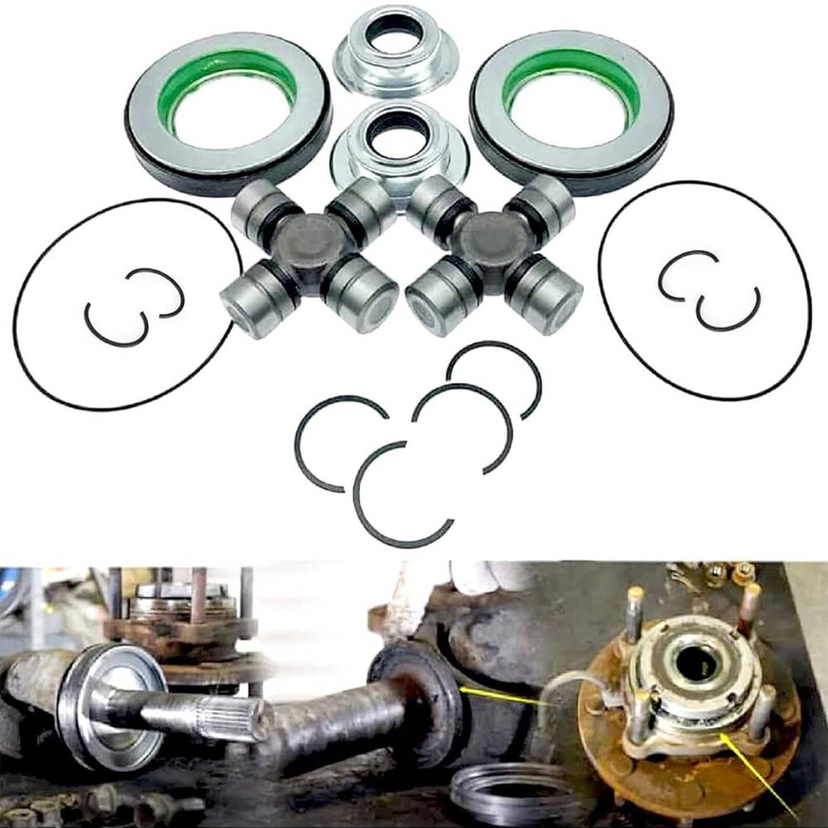Front axle seal and U-joint kit parts: seals, caps, and cross bearings