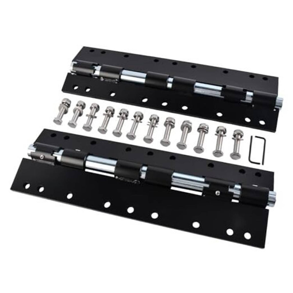 RV jack mount extension brackets set with black steel plates, pivot arms, and screws