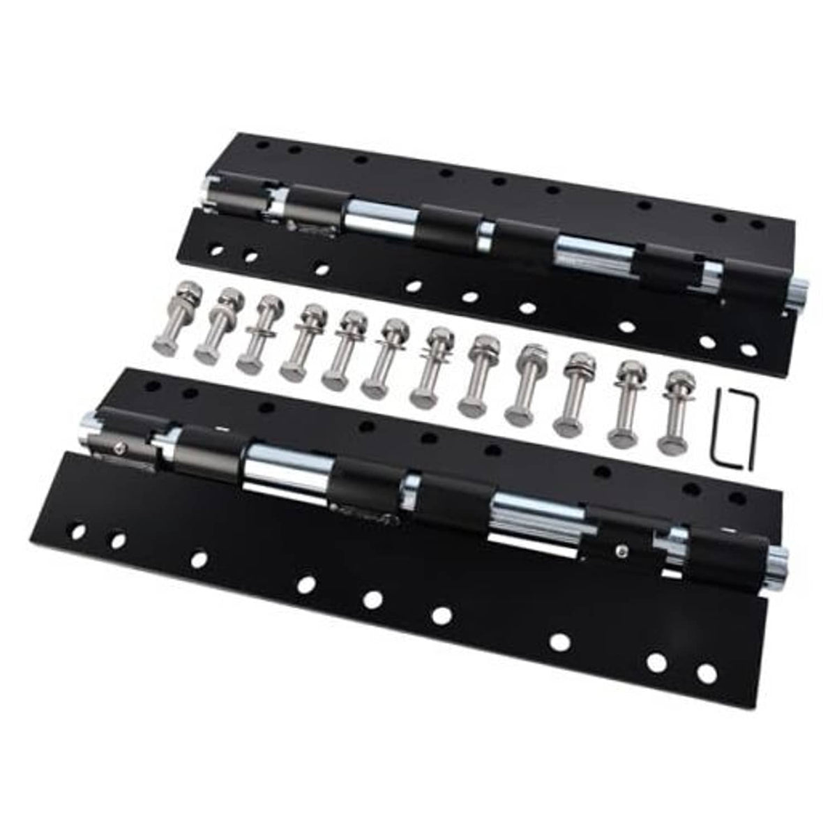 RV jack mount extension brackets set with black steel plates, pivot arms, and screws