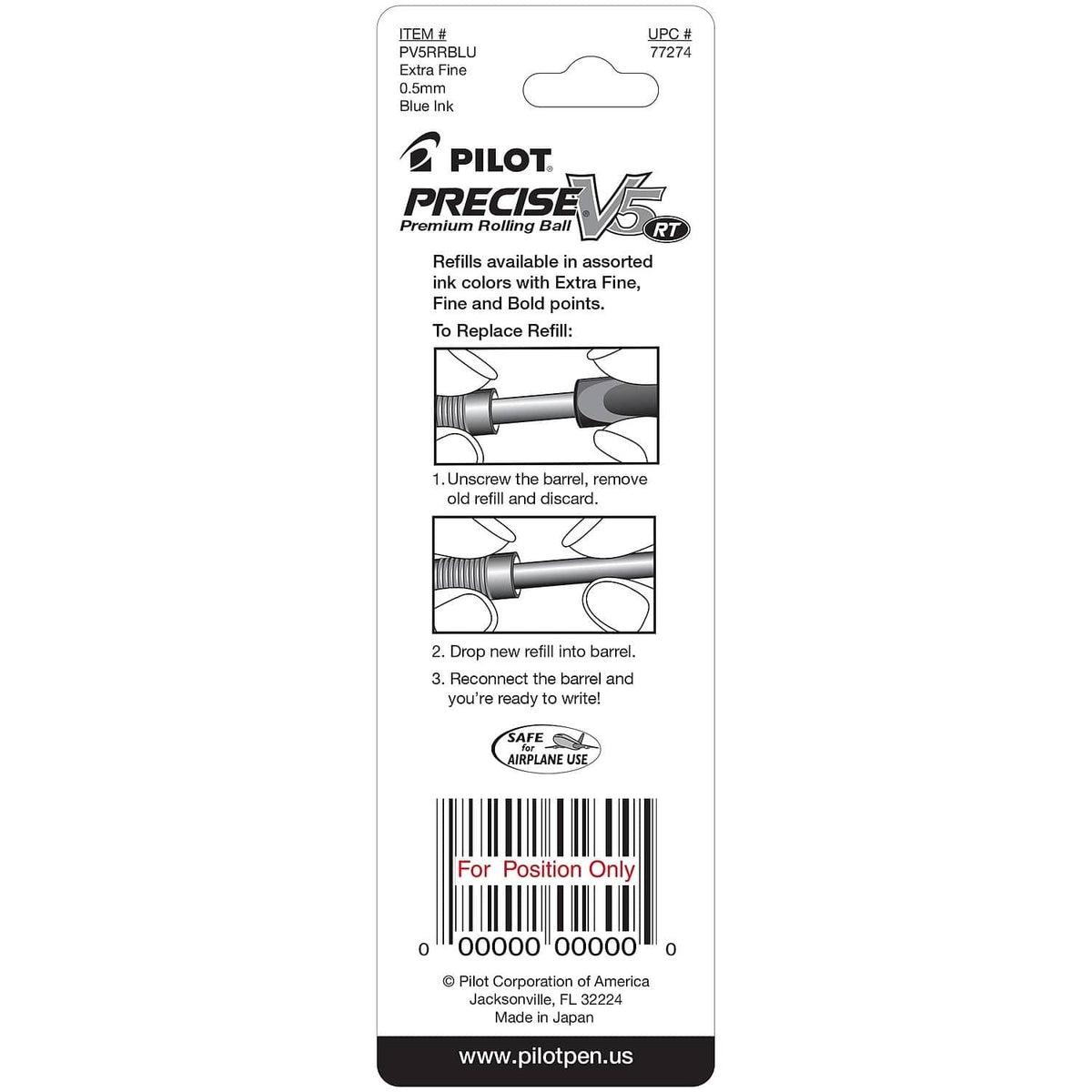 Pilot Precision V5 RT extra-fine 0.5 mm blue ink refill card with directions