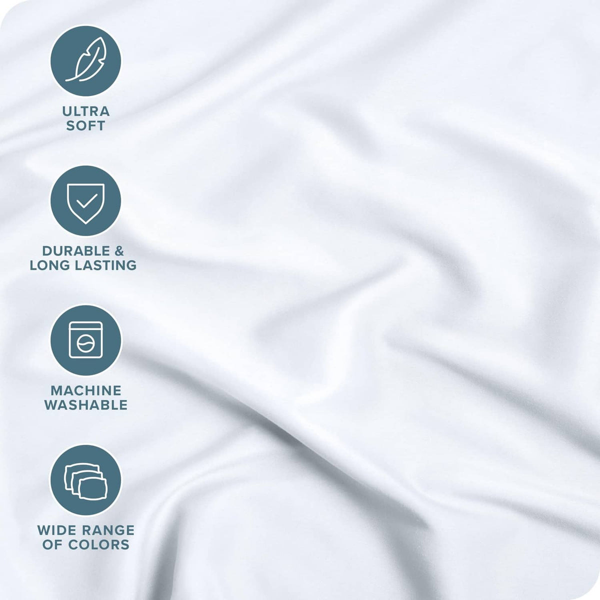 White soft fitted sheet fabric close-up with smooth micro texture and light wrinkles