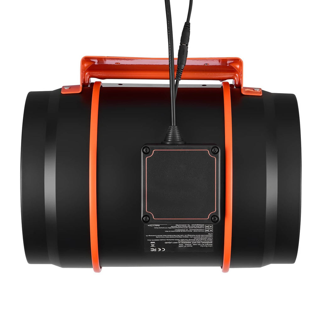 8-inch inline duct fan rear view with orange frame, black fins, and control panel