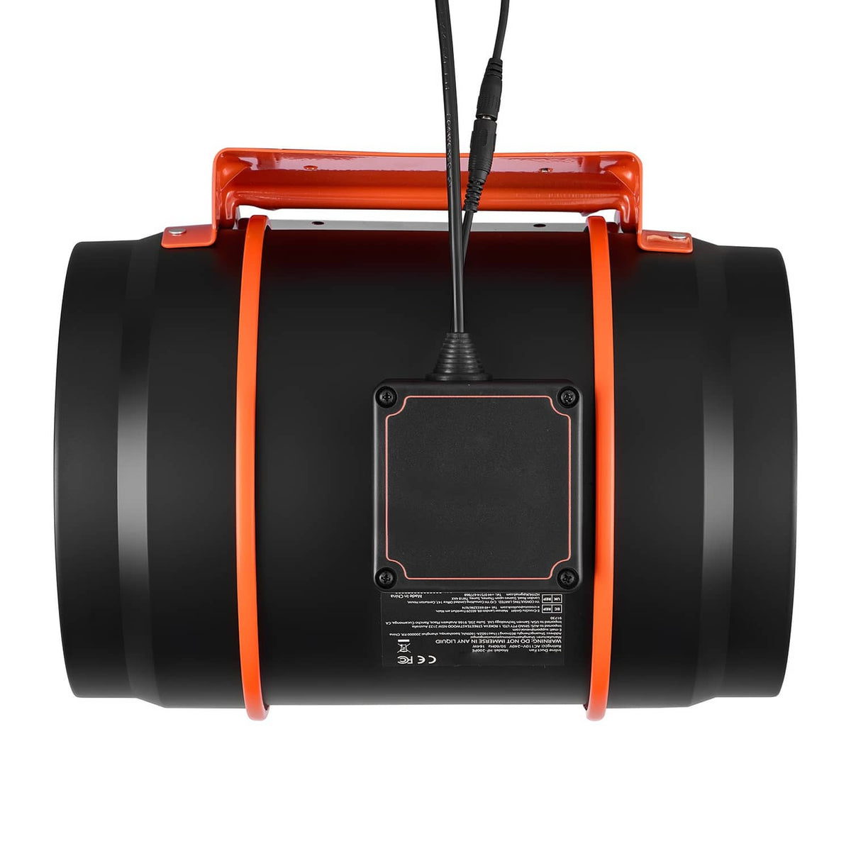8-inch inline duct fan rear view with orange frame, black fins, and control panel