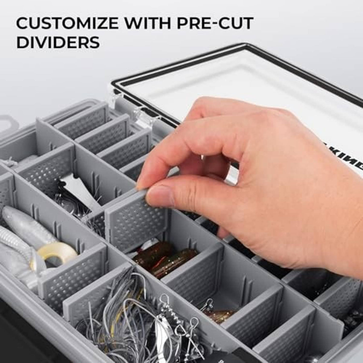 HyperSeal waterproof tackle box open with adjustable pre-cut dividers and storage sections.