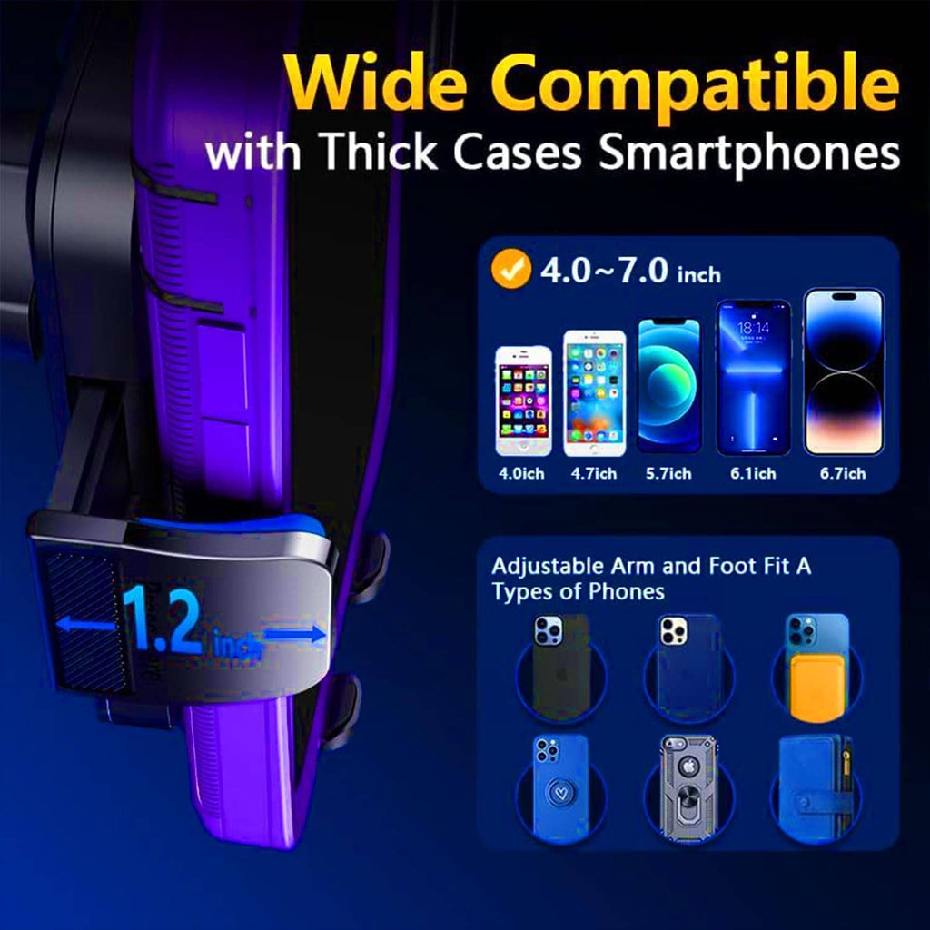 Car vent phone mount with adjustable arm and wide cradle for thick phone cases