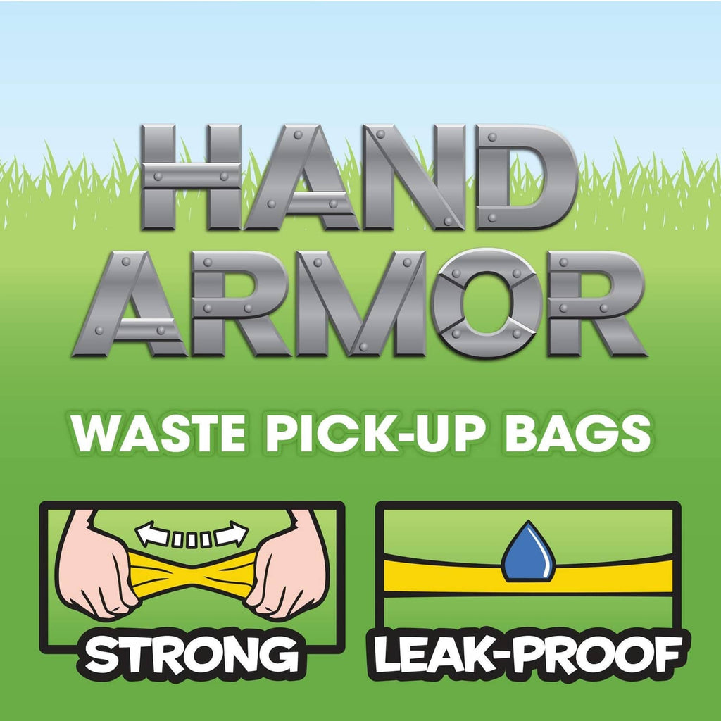 Dog waste pickup bag branding panel reading strong, leak-proof waste pick-up bags.