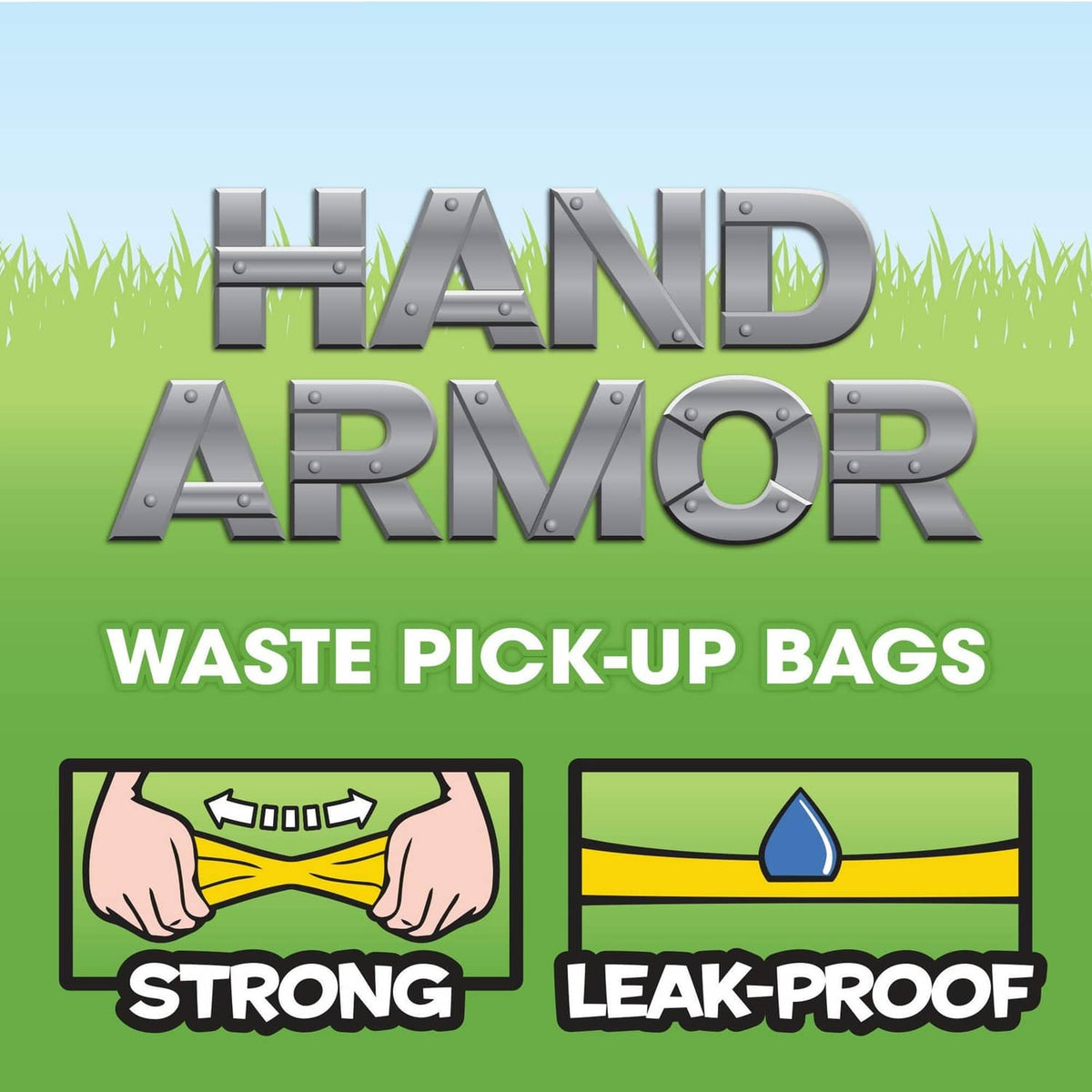 Dog waste pickup bag branding panel reading strong, leak-proof waste pick-up bags.