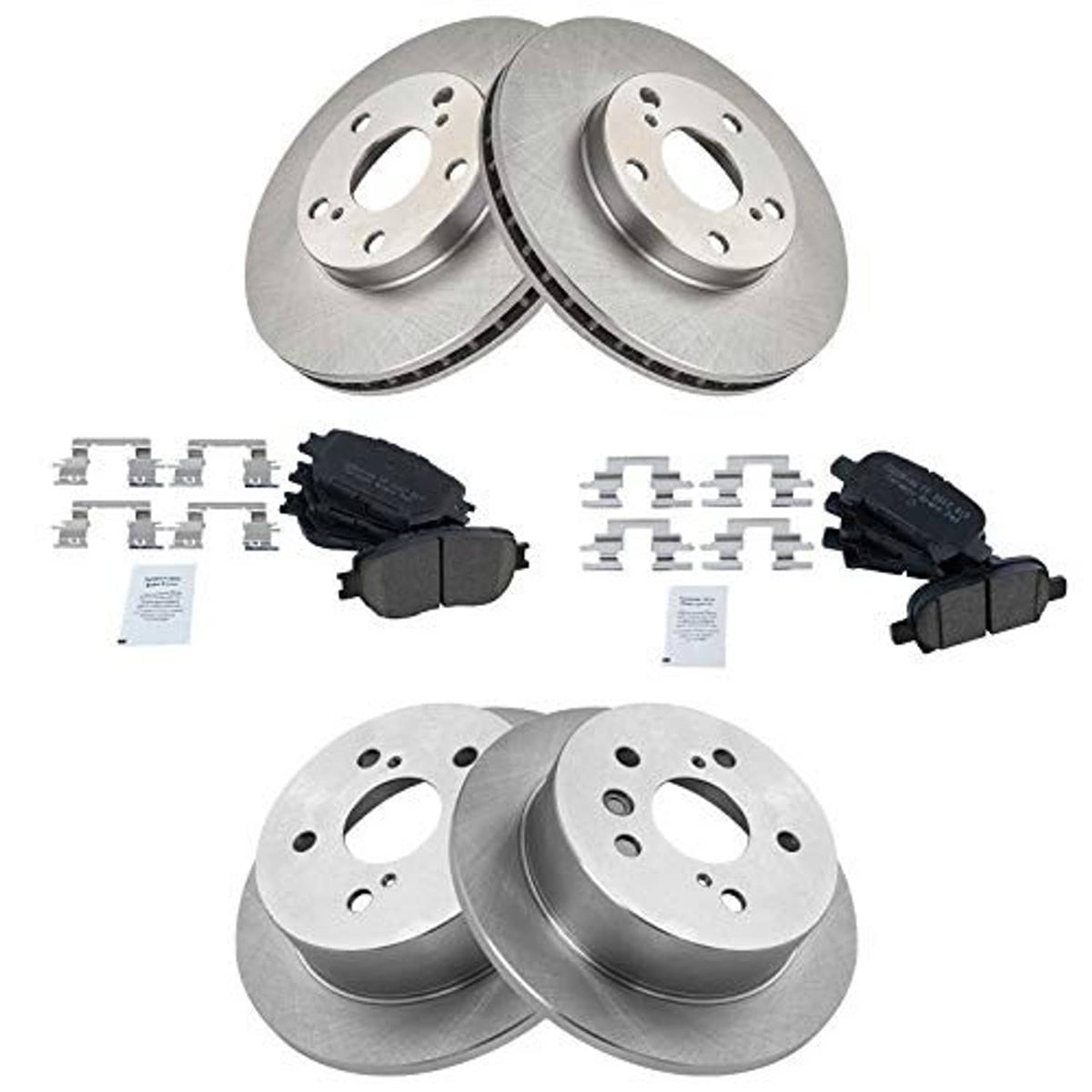 Vented solid brake rotors and ceramic brake pads with installation hardware set
