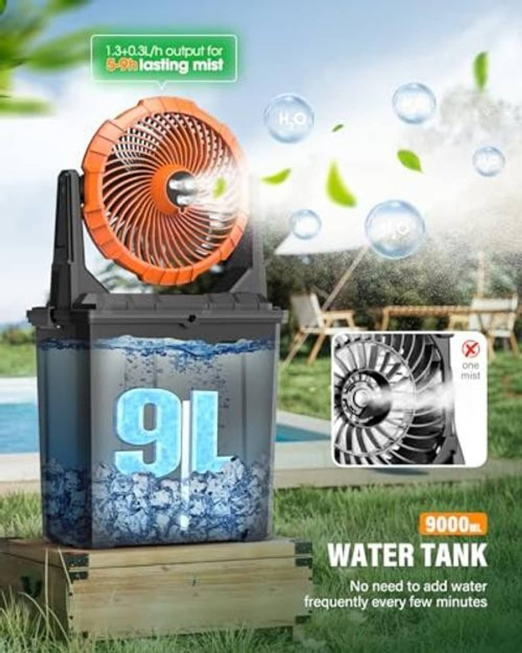 Orange portable misting fan with 9L water tank and mist spray effect.