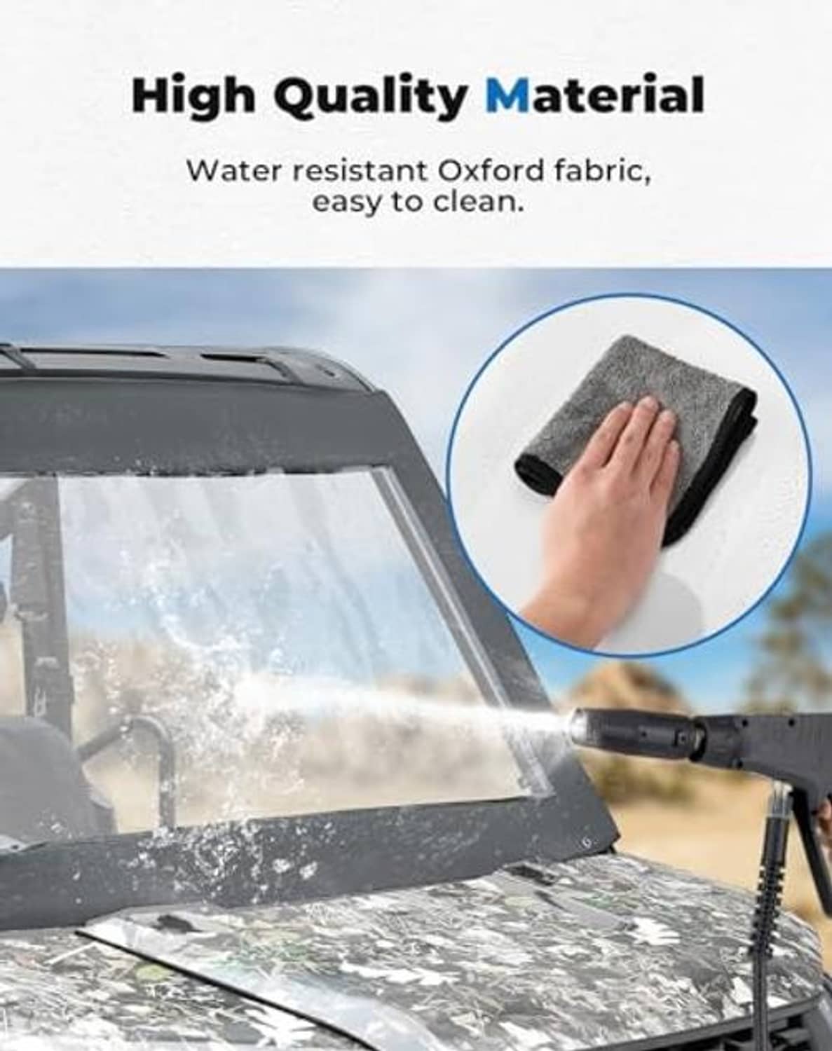 Soft front windshield with clear PVC window, water-speckled surface and wipe-clean look