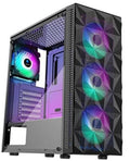 ATX PC case with three RGB fans and faceted side panel, open front for airflow