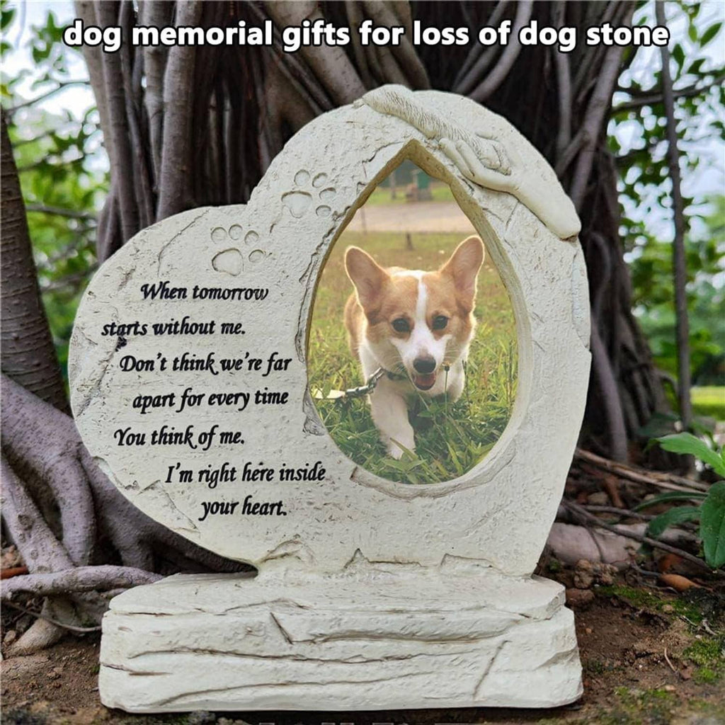 Light stone heart-shaped dog memorial plaque with oval photo frame and paw-print details