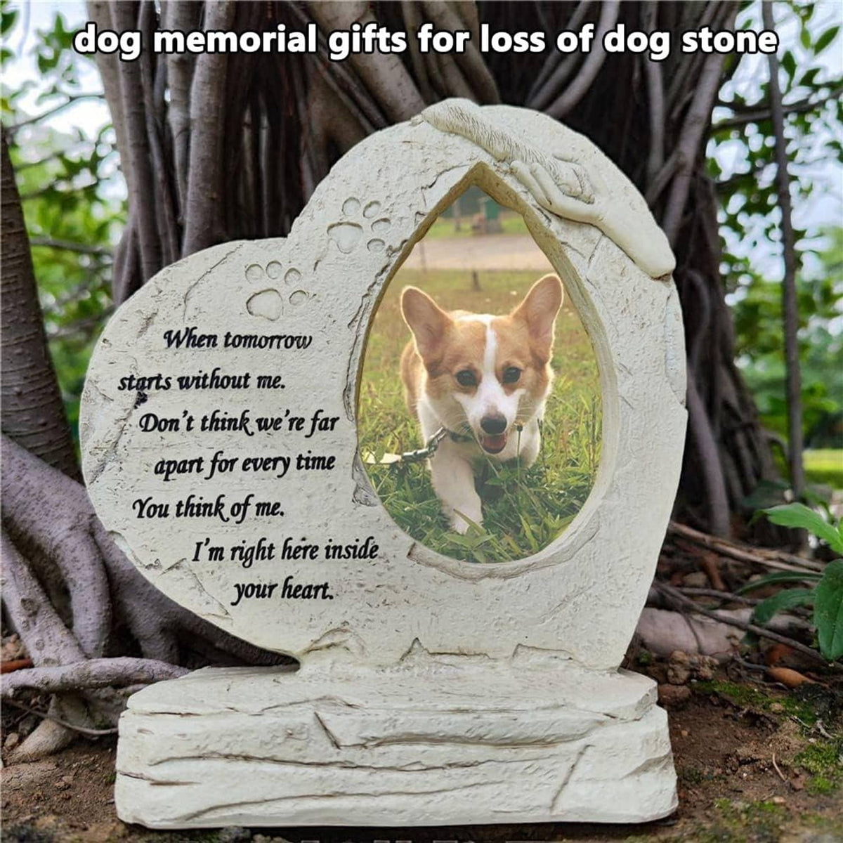 Light stone heart-shaped dog memorial plaque with oval photo frame and paw-print details