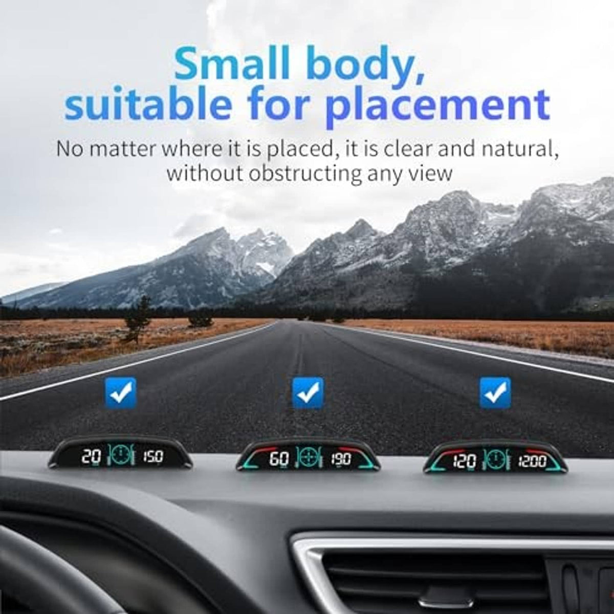 Compact car HUD speedometer module with teal glow arcs for unobstructed dashboard view