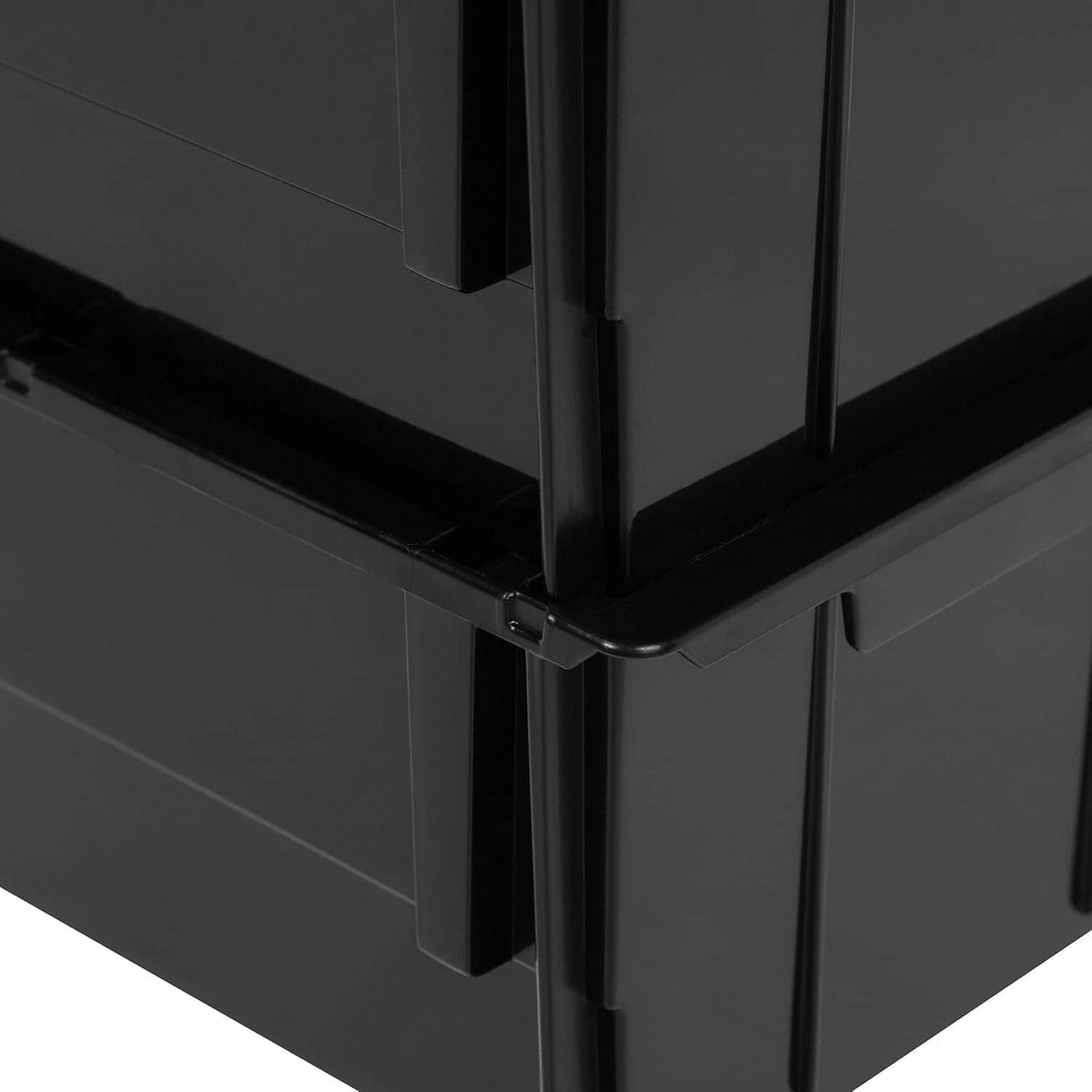 Black stackable storage bin corner with interlocking connector pieces