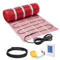 Self-adhesive mesh floor heating mat kit, red grid, black cables and thermostat
