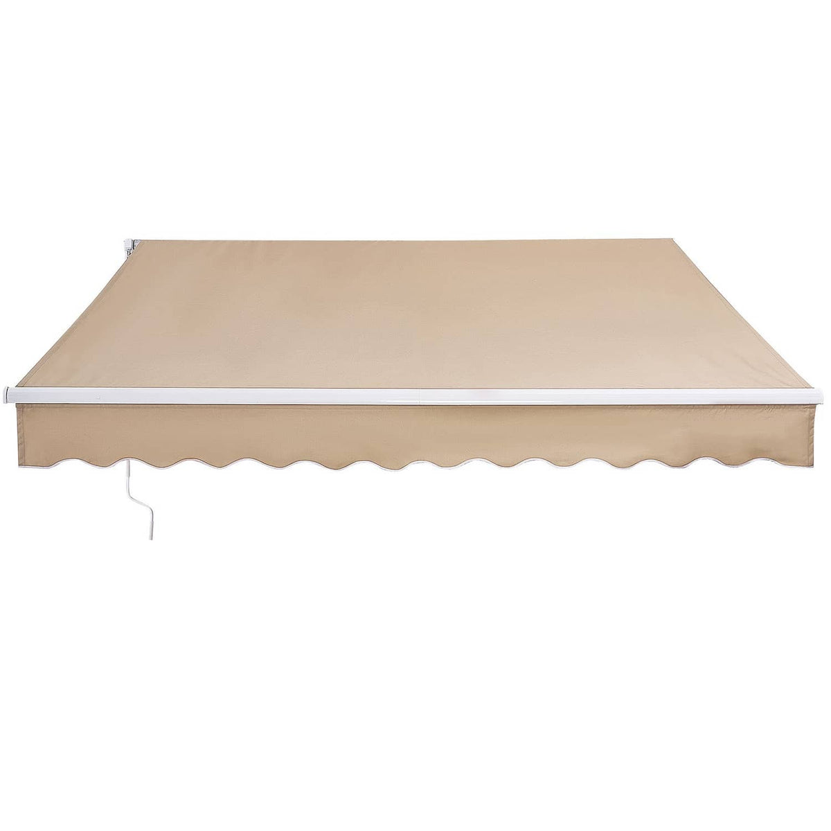 Retractable patio awning with beige canopy, scalloped valance, and white metal frame