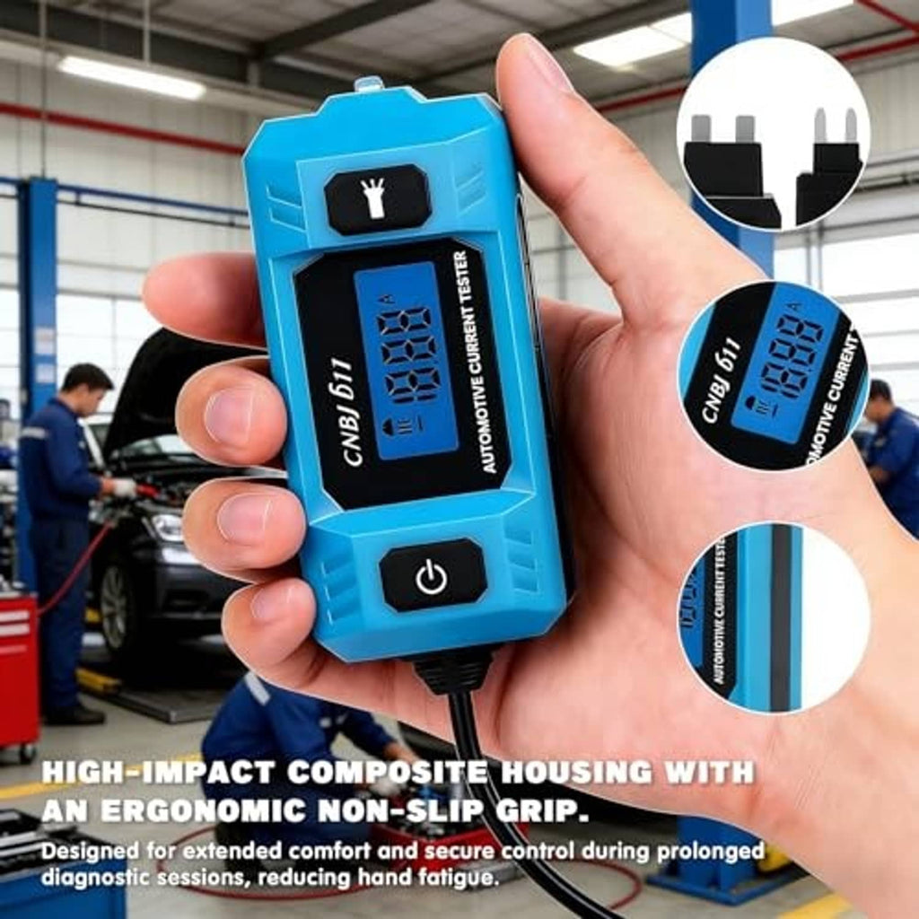 Blue 6-in-1 style circuit tester held in hand showing segmented LCD