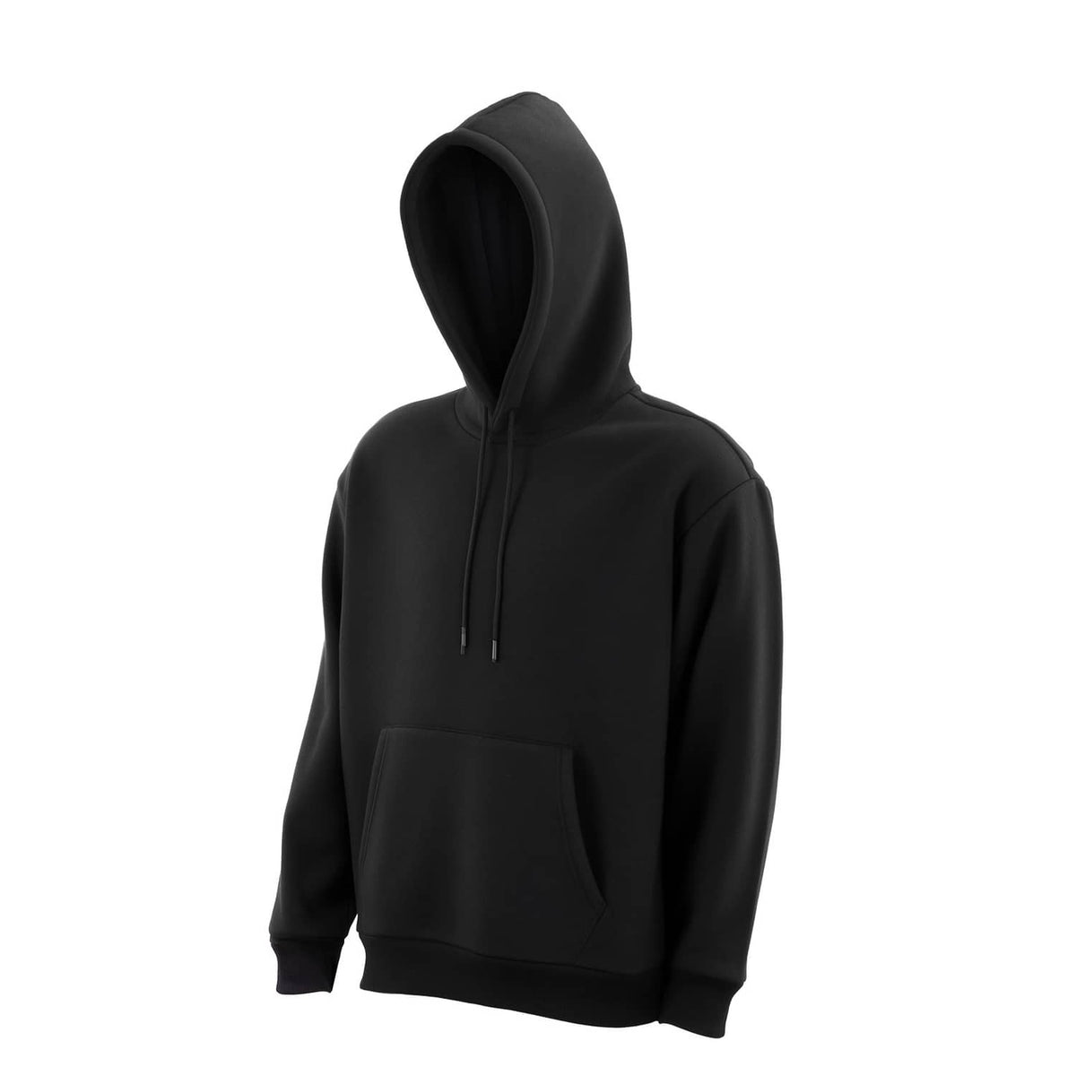 Men's black fleece pullover hoodie with hood, drawstring, and kangaroo pocket