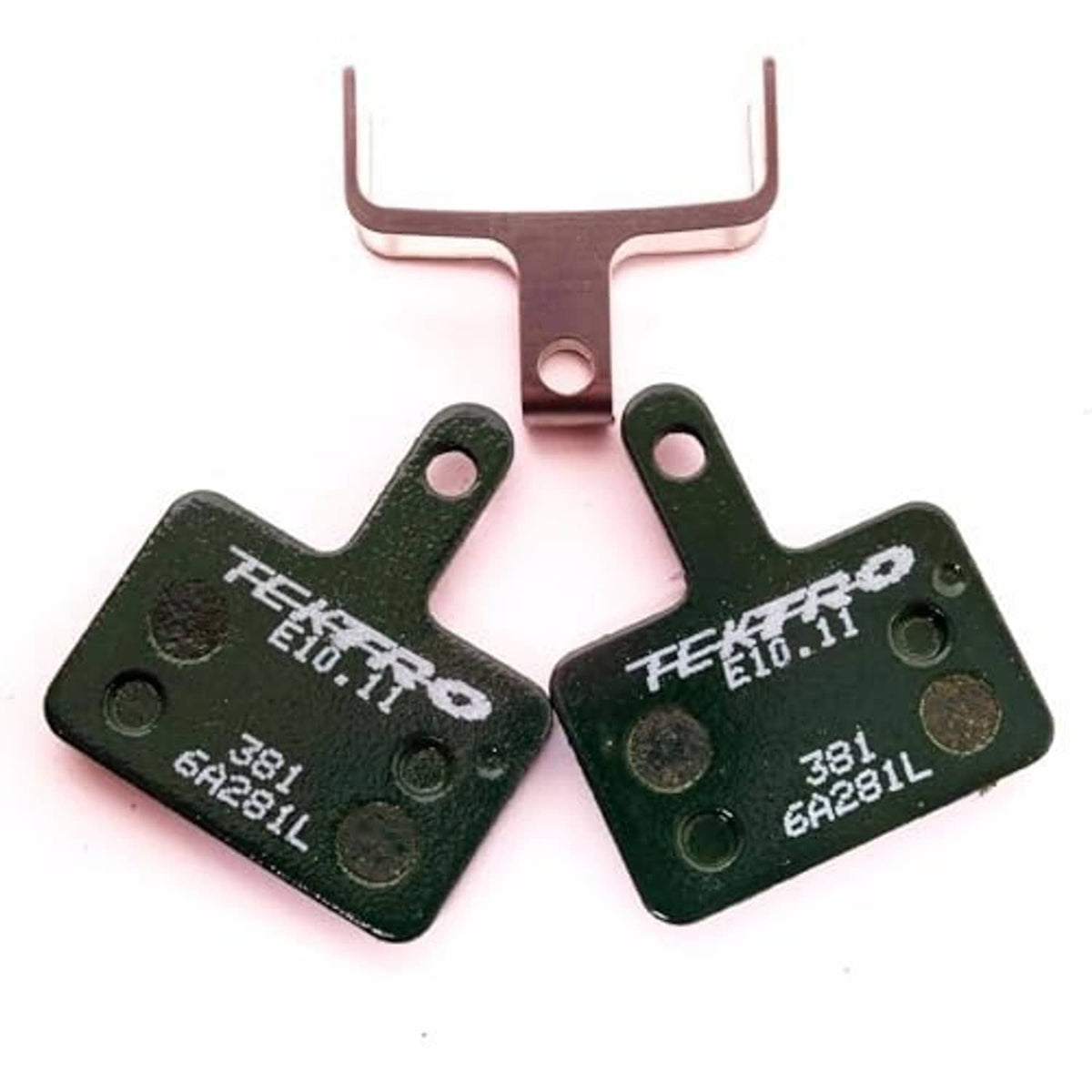 Resin disc brake pads with two dark green pad plates and metal mounting hardware