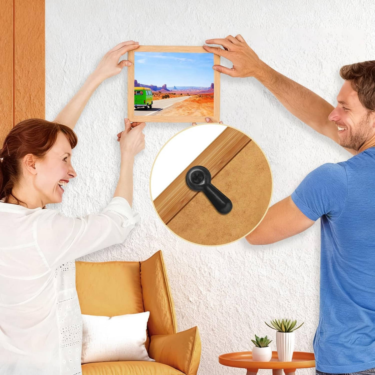 Black rotating buckle fasteners being used to secure a photo frame backing panel.