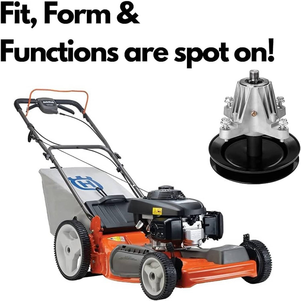 Lawn mower deck spindle assembly shown with mounting hardware and mower deck