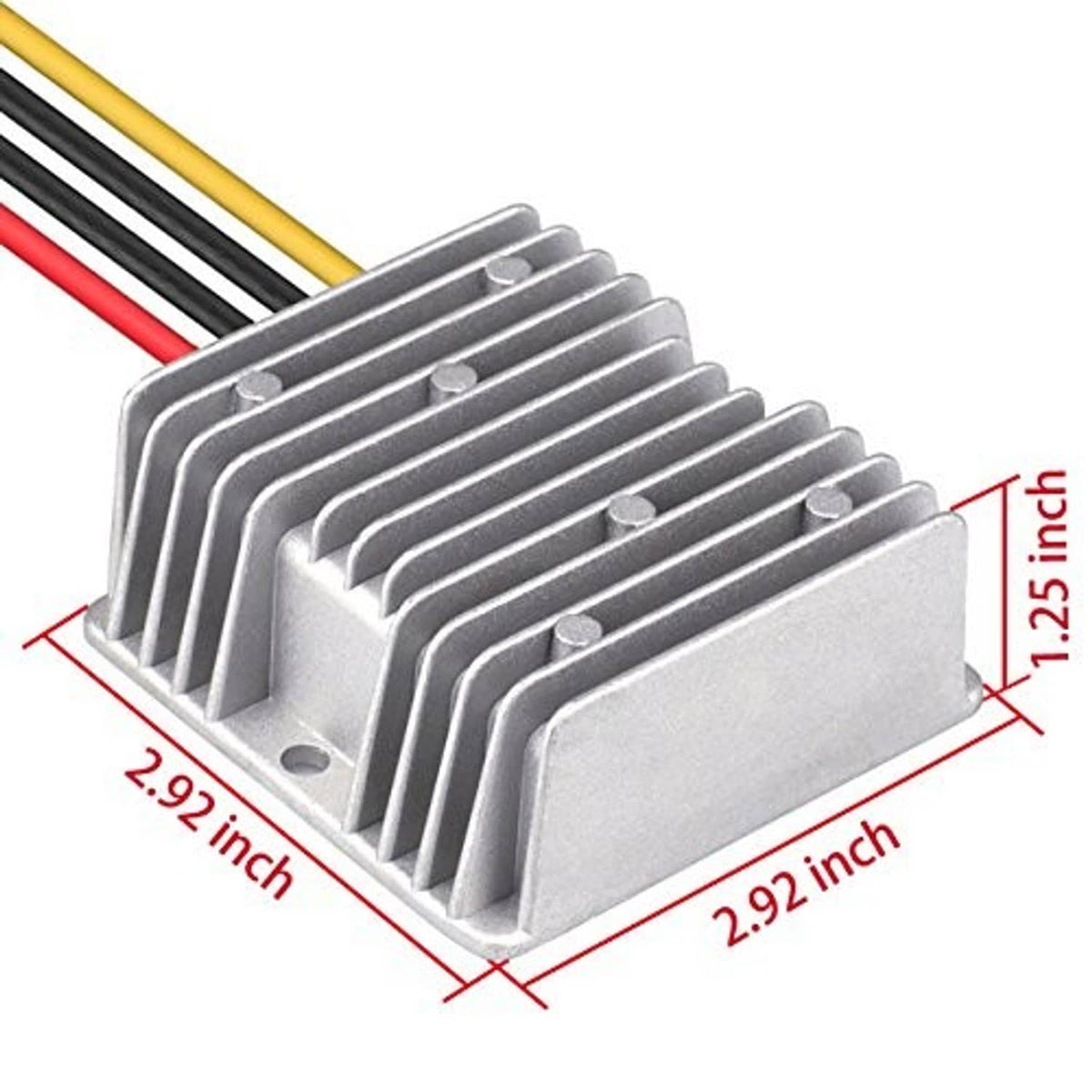 DC converter heatsink size marked 2.92 in and 1.25 in with colored wiring