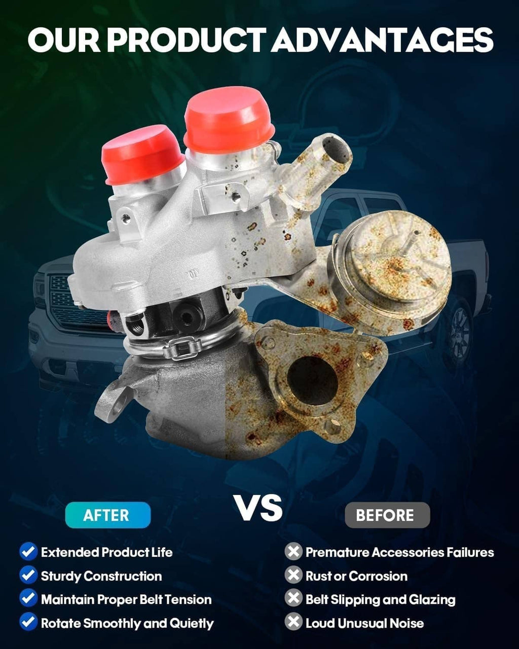 Turbocharger comparison graphic with two silver units and a damaged turbo housing