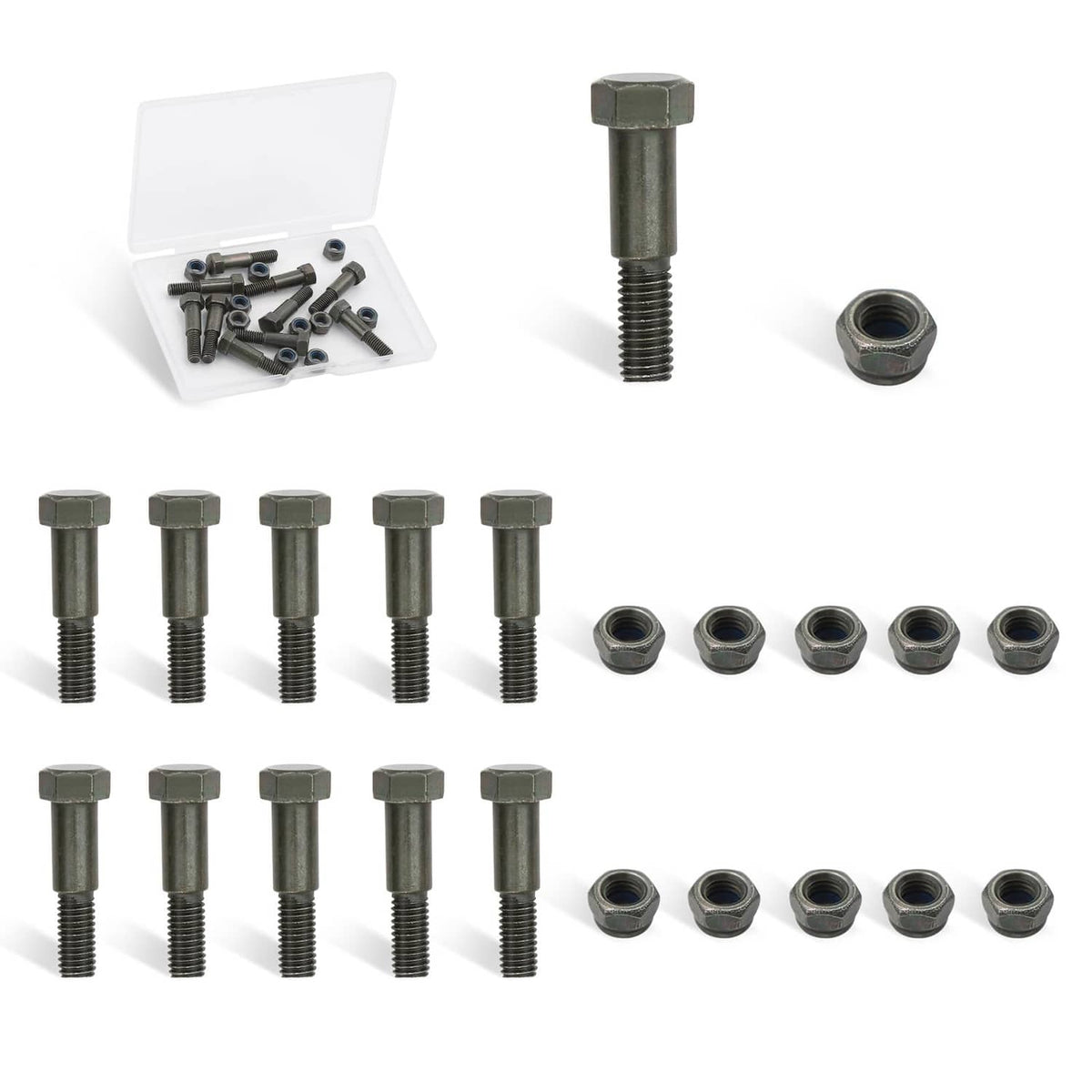 Set of motorcycle handlebar lever pivot bolts with hex heads and nuts, dark gray