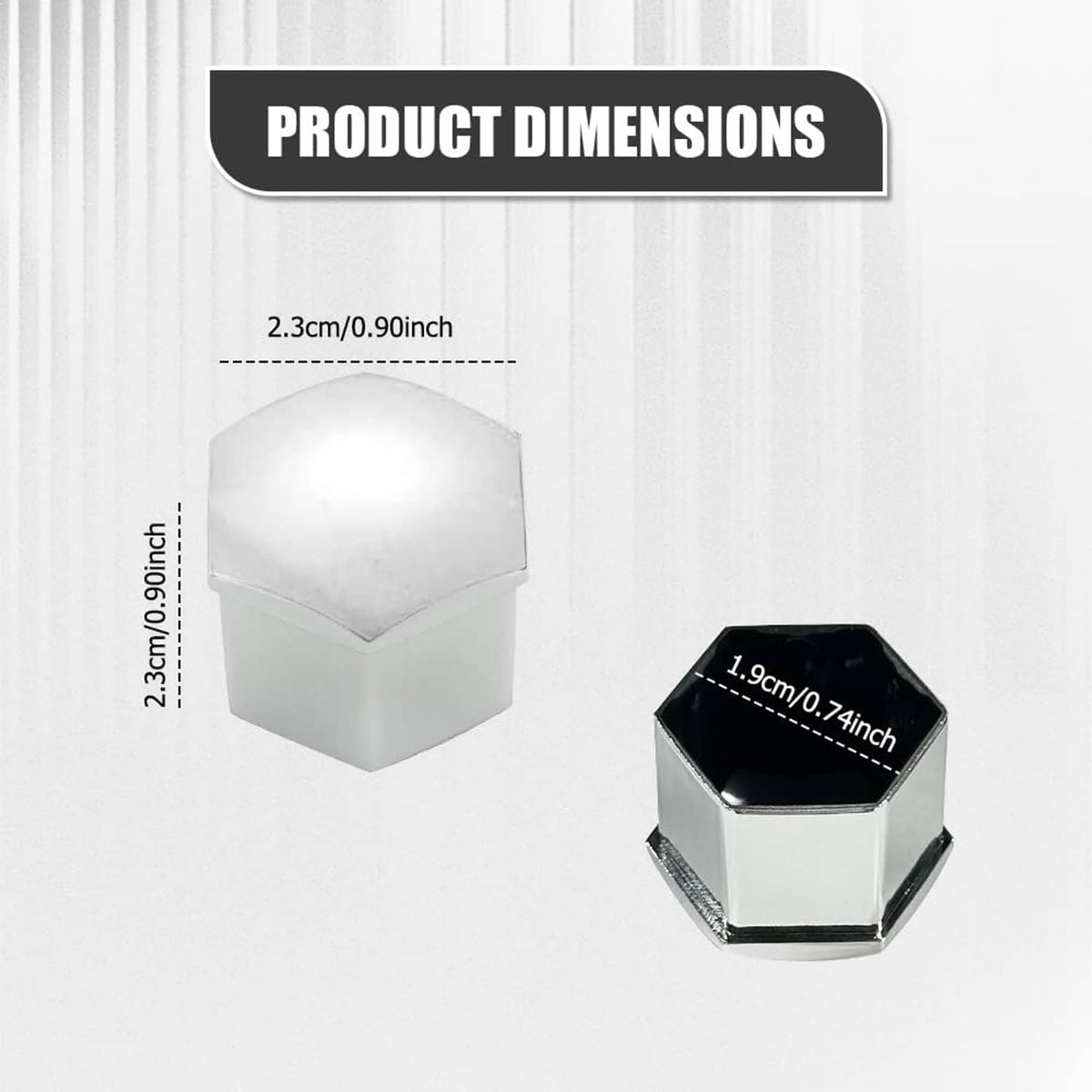 Silver wheel lug nut cover bolt cap with hex exterior, close-up with 19 mm hex