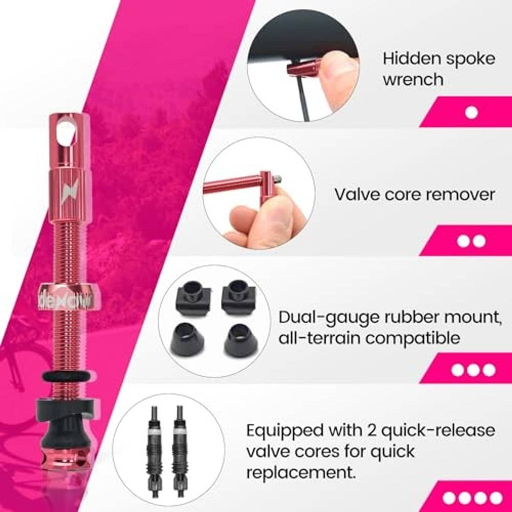 Pink tubeless Presta valve stems with core remover, wrench, and rubber mounts
