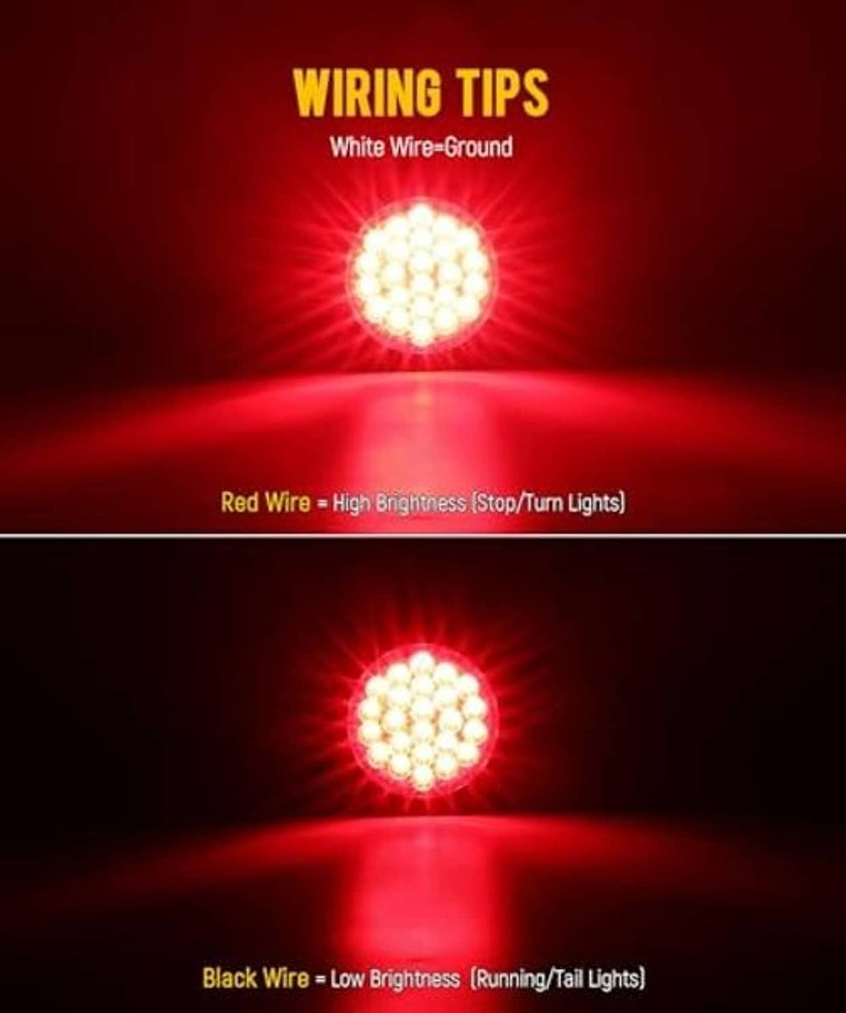 Red round LED trailer light glow for wiring tips, showing high and low brightness states.