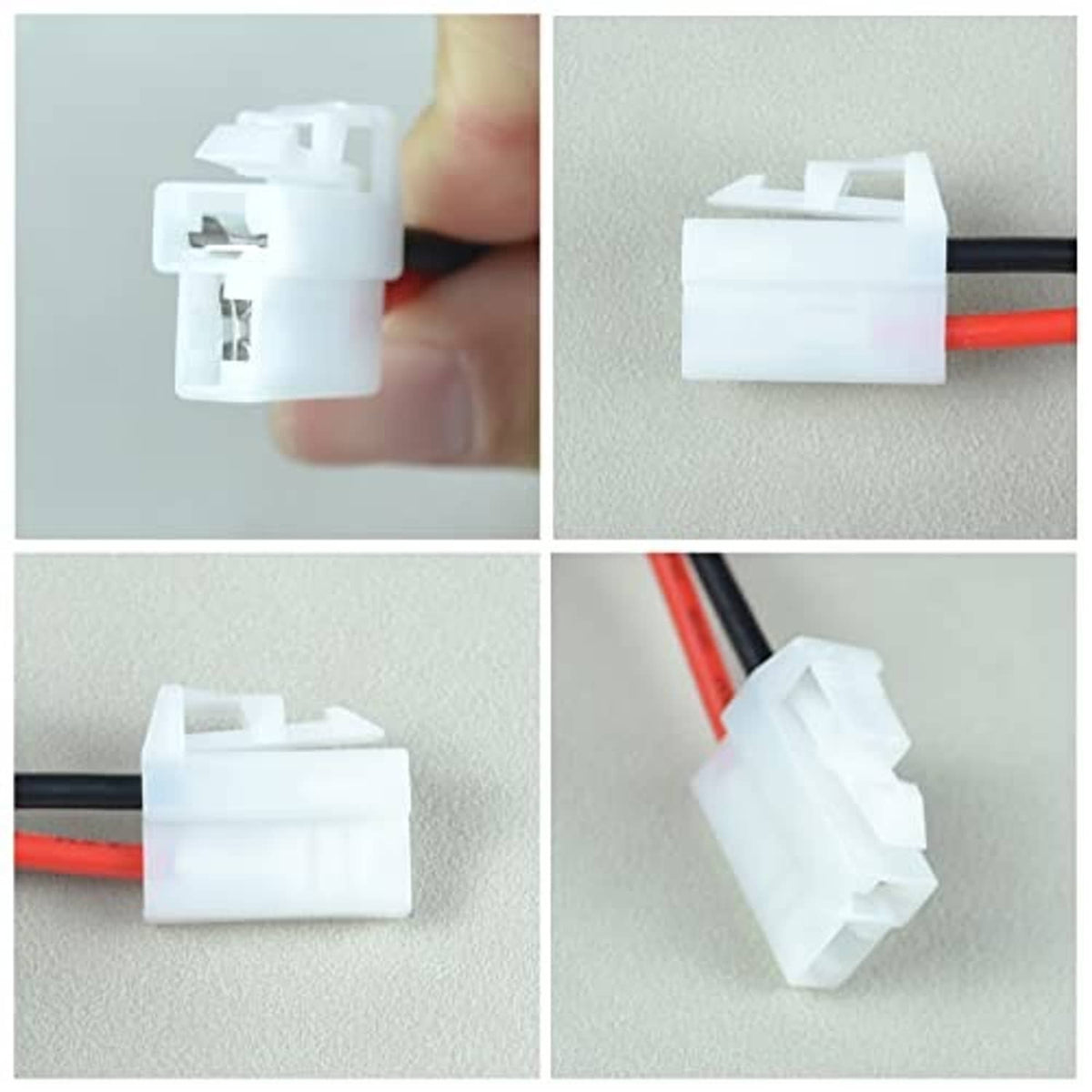 White plug connector housing on alternator wiring pigtail with red and black wires